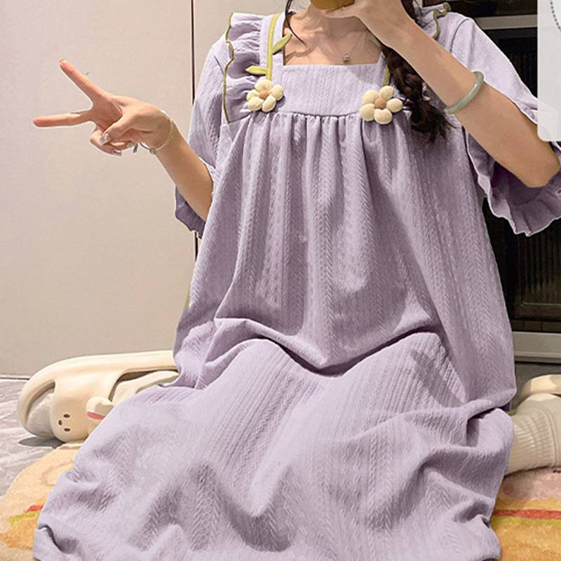ワンピース カップ付き パジャマ 半袖 夏 レディース 部屋着 立体的な花 スクエアネック 寝巻き お風呂上り コットン100% 無地 Tシャツ ネグリジェ かわいい マキシ丈 ゆったり プリンセス風 ロング丈 吸汗