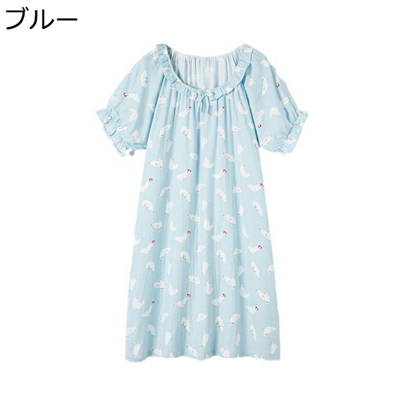 夏 ネグリジェ 半袖 部屋着 寝間着 ルームウェア ワンピース 綿100% フリル ガーゼ リポン パジャマ タ..
