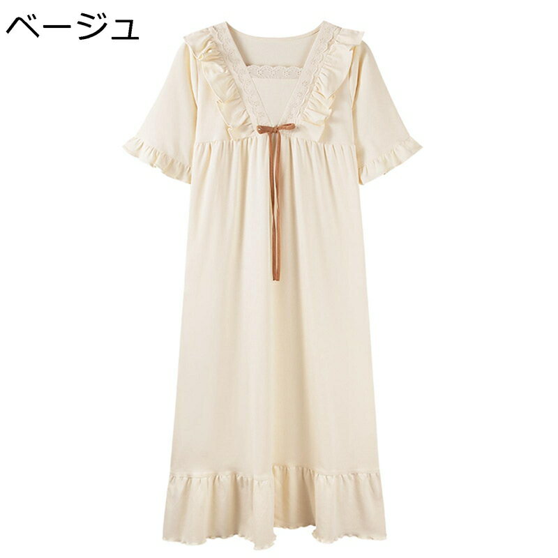 ナイトウェア 半袖 ルームワンピース パジャマ 半袖 春 夏 秋 スクエアネック フリル襟 便利服 ホームウェア レディース 薄手 リラックス ソフト 通気 速乾 プリンセス風 かわいい ?系 大人 セクシー 女性