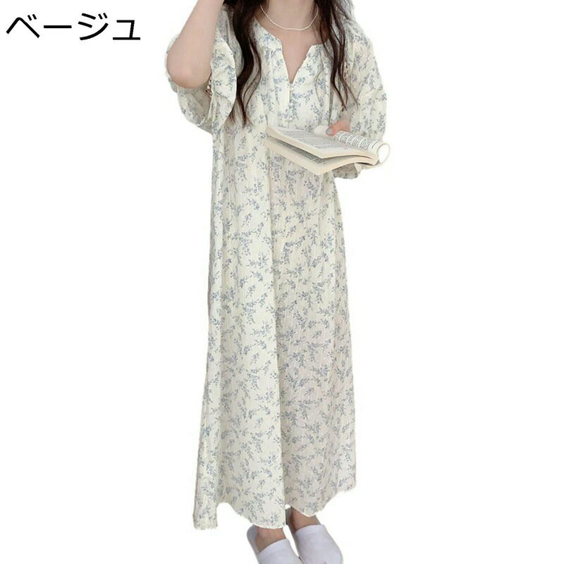 パジャマ ワンピース 小花柄 ルームウェア 半袖 春服 夏 レディース プリント 丸首 ネグリジェ 便利服 膝下丈 涼しい 優しい 宮廷風 森ガール かわいい 通気 女性用 デイリー 贈り物 外出着
