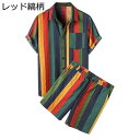 夏 セットアップ アロハシャツ ストライプ柄 カジュアル メンズ 軽量 通気性 柄付き 半袖シャツ+ショートパンツ 2点セット 日焼け止め 旅行 ビーチウェア リゾート おしゃれ 大きいサイズ