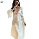 ワンピース パジャマ レース 長袖 春秋 夏 レディース シースルー 透け感 vネック ナイトウェア 部屋着 寝巻き レーヨン ネグリジェ セクシー エレガント...