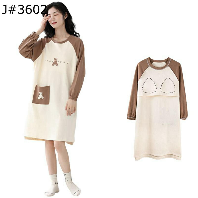 ナイトウェア 長袖 カップ付き ハート柄 ウサギ ルームワンピース パジャマ 春秋 便利服 ホームウェア ..