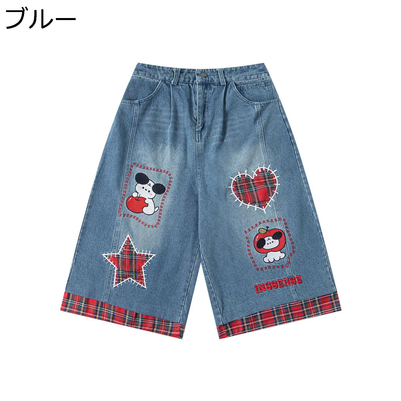 デニム ショートパンツ チェック柄 レディース 動物柄 パッチワーク パッチロザイン ハーフパンツ Gパ..