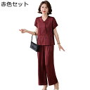 シニアファッション tシャツ 半袖 ブラウス セットアップ vネック シフォン 中高年 レディース 夏着 イージーパンツ 9分丈 ゆったり 冷感 肌に優しい ルームウェア 部屋着 通勤 祖母 お年寄り