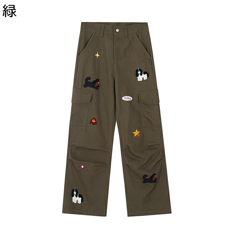ロングパンツ メンズ レディース カジュアルパンツ かわいい 犬柄刺繍飾り チノパン 萌え 長ズボン ス..