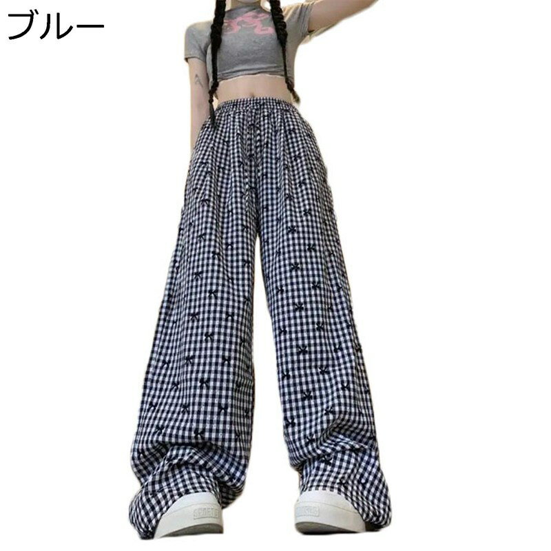カジュアルパンツ レディース チェック柄 リボン柄 ワイドパンツ チノパン 四季 ウエストゴム ビッグシ..
