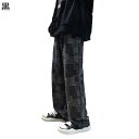 デニムパンツ メンズ 格子柄 パッチワーク ワイドパンツ ゆったり カジュアルボトムズ ジーンズ Gパン おしゃれ かっこいい 耐摩耗性 ジーパン ロング丈 ス...