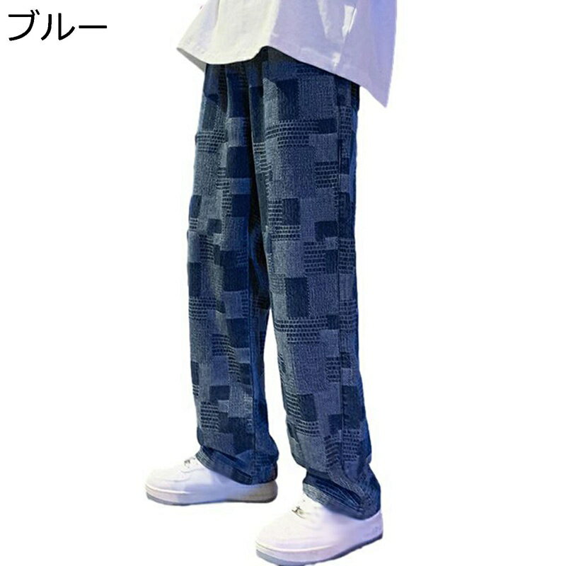 デニムパンツ メンズ 格子柄 パッチワーク ワイドパンツ ゆったり カジュアルボト...