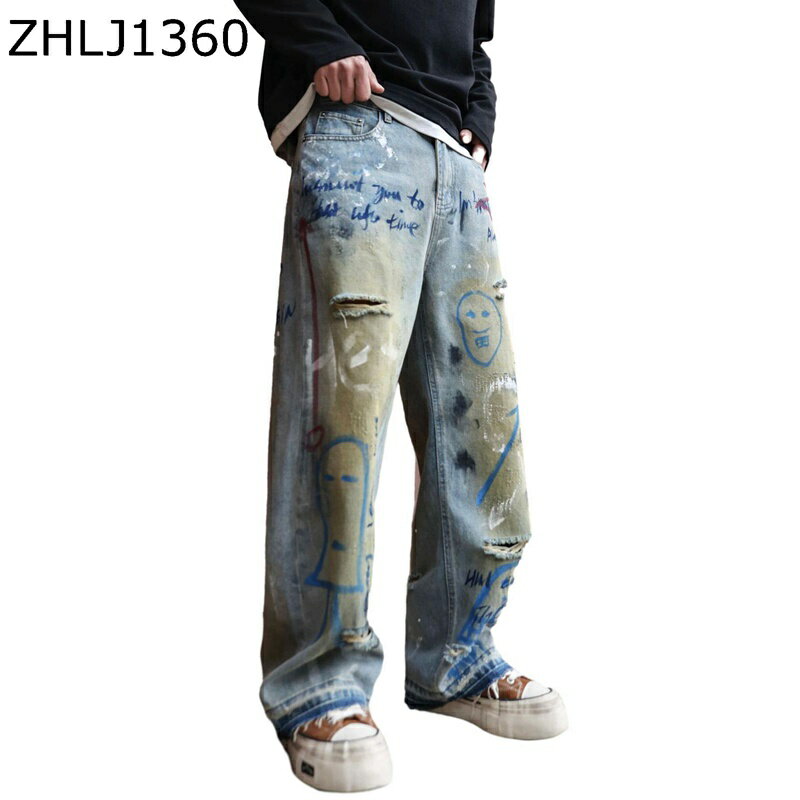 デニムパンツ メンズボトムズ 落書き風 ダメージ カジュアルパンツ Gパン ジーパン ジーンズ ルーズシルエット おしゃれ ヴィンテージ 四季使用 お出掛け アウトドア 街着 コーディネート