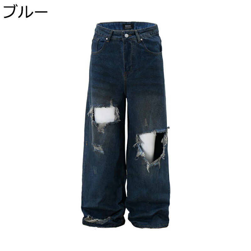 楽天アベブッパンデニムパンツ ワイドパンツ メンズ レディース ダメージデザイン ゆったり ロング丈ボトムズ ジーンズ 春夏秋用 Gパン ジーパン カジュアル コーデやすい 純色 トレンド 普段着 アウトドア