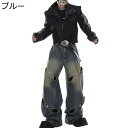 メンズ デニムパンツ 穴デザイン 個性的 ワイドパンツ 街着 原宿 ルーズシルエット カジュアル ロング レトロ ボトムズ 春夏秋服 耐摩耗 お出掛け アウトド...