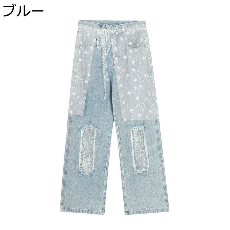 デニムパンツ レース飾り花柄 ワイドパンツ レディースボトムズ カジュアル ジーンズ Gパン ジーパン ..