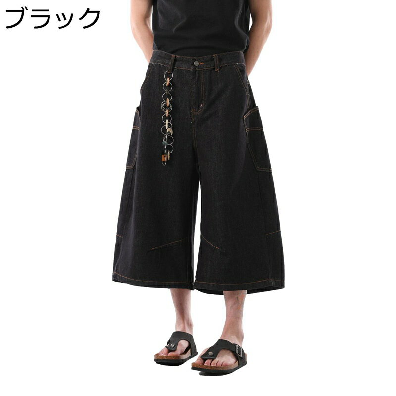 楽天アベブッパンデニムパンツ メンズ ジーンズ ハーフパンツ 7分丈 サマー ポケット付き ビックシルエット 薄手 膝下丈 Gパン ミディアム ジーンズ ワイド ズボン ストリート カジュアル 古着 接触冷感 通気性 無地