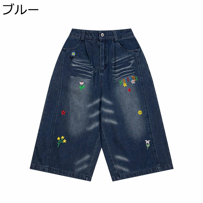 楽天アベブッパンデニムパンツ メンズ 花刺繍 レディース ジーンズ ハーフパンツ 7分丈 かわいい 個性的 ヴィンテージ 春 夏 綿 薄手 ひざ下 ジーパン ミディアム ジーンズ バギー ズボン ストリート系 カジュアル
