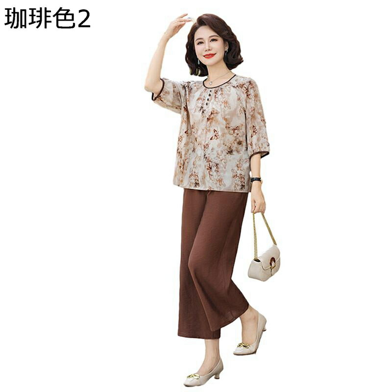 上下セット tシャツ 半袖 9分丈パンツ ズボン シフォン 花柄 チュニック 高齢者 シニアファッション お婆ちゃん服 ゆったり 夏着 通気性 涼しい ホーム お出かけ リゾート 40代 50代