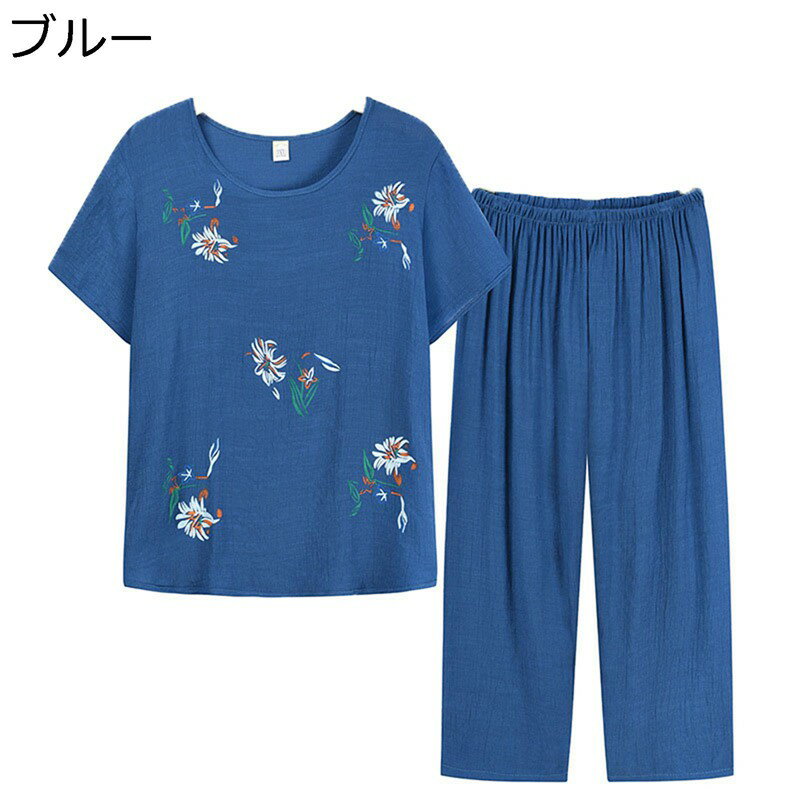上下 セット Tシャツ 半袖 花 チュニック ロングパンツ 7分丈 綿 高齢者 シニアファッション お婆ちゃん服 大きいサイズ サマー 通気性 涼しい カジュアル リラックス 60代 70代
