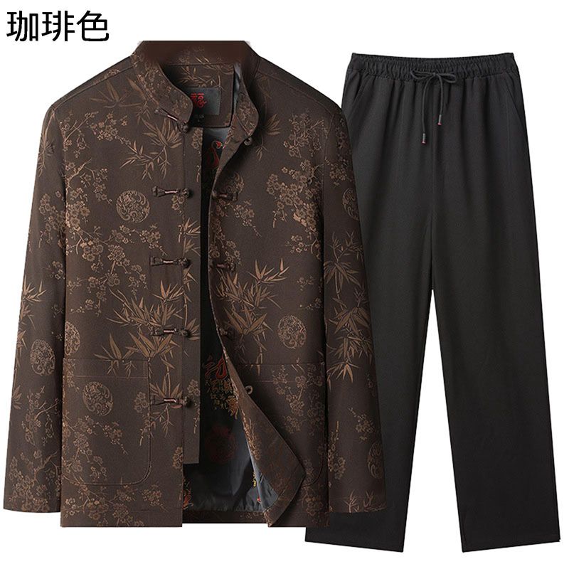 唐装 漢服 伝統服 チャイナ服 メンズ 長袖 チャイナボタン 上下セット 中華風 通気性 ソフト ファッション 大きいサイズ カジュアル ジャケット 春秋 寿披...