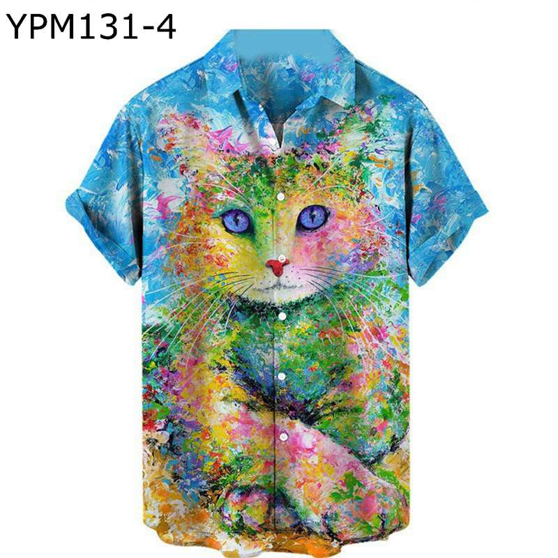 メンズ ビーチシャツ アニマル柄 開襟シャツ トレンド 猫柄 3Dプリント付き 開襟 総柄プリント付き 夏..