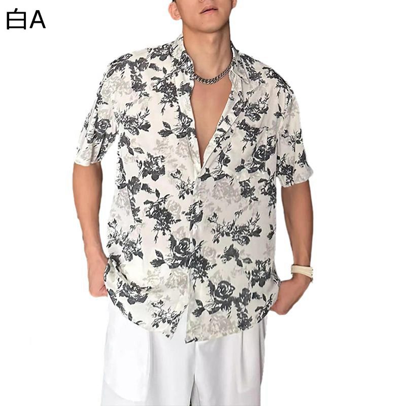 ハワイシャツ ブラウス ビーチシャツ 総柄 プリント付き メンズ 夏服 開襟 折襟 サマー 個性 ファッション 体型カバー 体型カバー 高校生 若者 トレンド 夏アウター 通勤 トップス 海水浴 バカンス