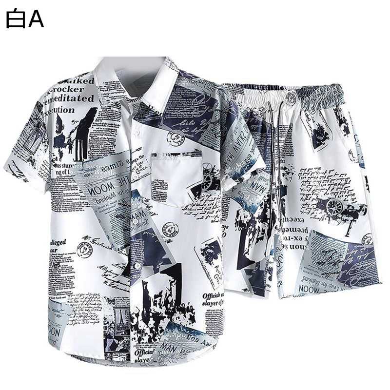 ハワイシャツ ブラウスア 新聞 ビーチシャツ 2点セット プリント付き メンズ 開襟 短パン 夏服 おしゃれ 派手 かっこいい クール 個性的 体型カバー 耐久...