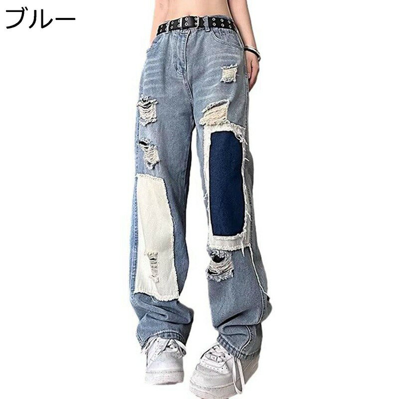 楽天アベブッパンデニムパンツ ダメージ メンズ レディース ワイドパンツ ルーズ カジュアル パッチワーク ロング 春夏秋 トレンド ボトムズ INS風 丈夫で長持ち 日常 普段着 通学通勤 着回し力 良い肌触り