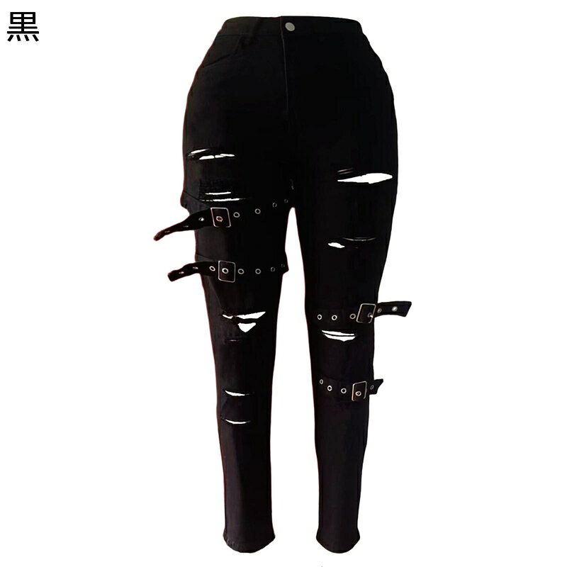 原宿系 デニムパンツ スリム ダメージ ロングパンツ レディース ベルト飾り かっこいい ジーパン ヒッ..