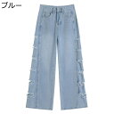 レディース デニムパンツ サイドダメージデザイン ワイドパンツ リラックス カジュアル ベーシック ストレートタイプ ボトムズ 春夏秋用 おしゃれ 通学 普段着...