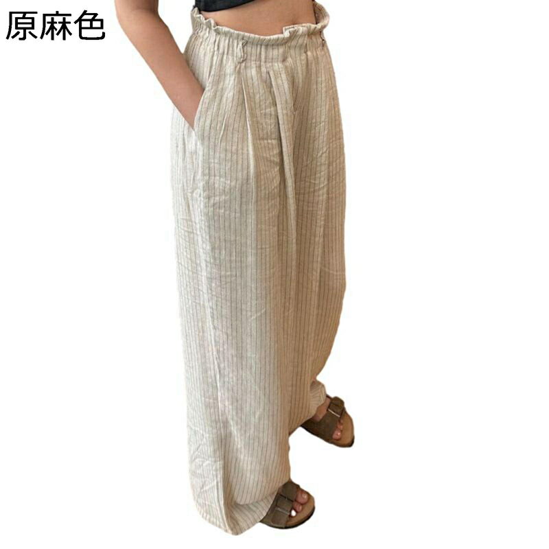 ワイドパンツ ロングパンツ ガウチョ レディース ストライプ柄 フリル 綿麻 ハイウェスト ゆったり 体型カバー ボトムス 美脚 着痩せ 涼しい 薄い 夏秋 普段着 オフィス 通勤通学