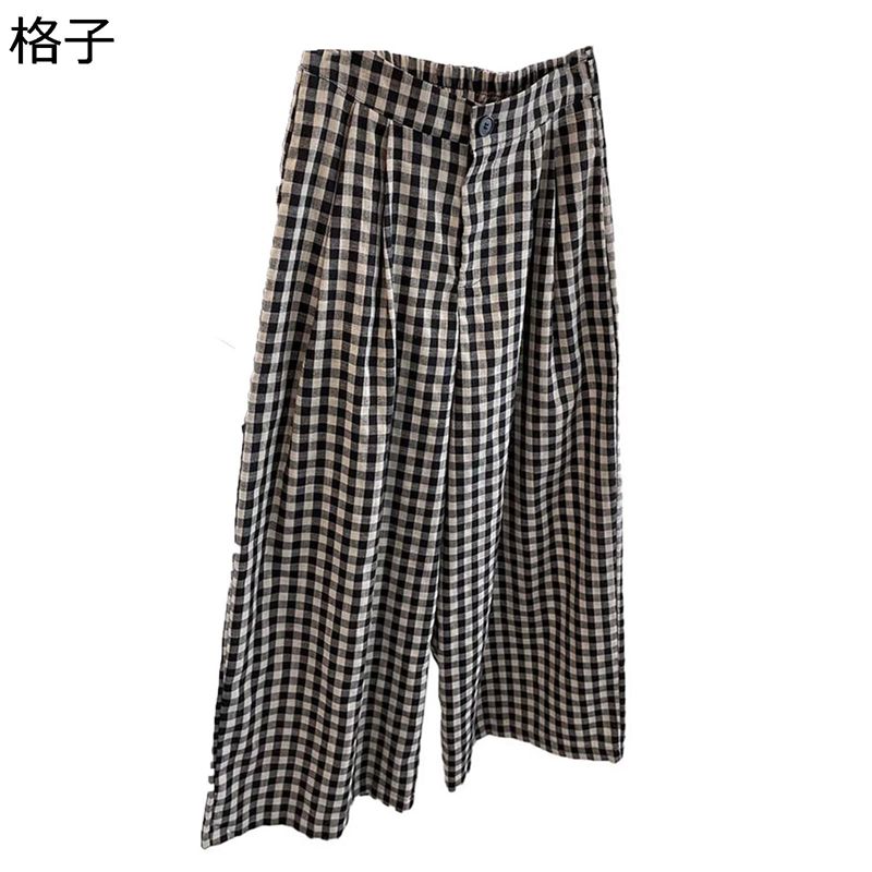 ワイドパンツ チェック柄 レディース ガウチョパンツ ゆったり 涼し気 綿麻 ロング丈 ウエストゴム ボトムス 脚長 細見え 大きいサイズ 薄い リラックス 旅行 トラベル 夏用