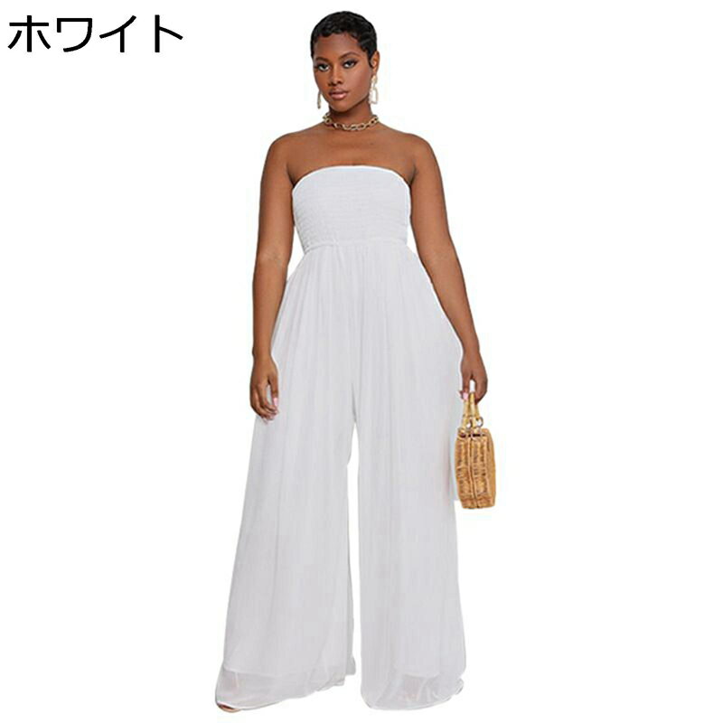 オーバーオール チューブトップ 袖なし レディース サロペット シフォン ワイドパンツ 無地 スモック ストレッチ ハイウェスト ジャンプスーツ 女性 涼しい ...