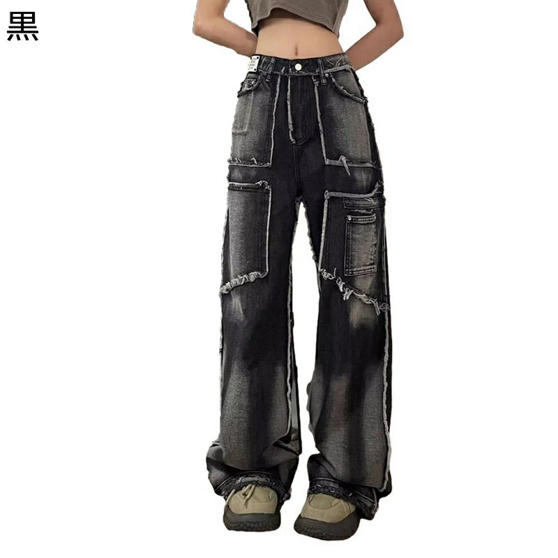 アメカジ ダメージ ズボン ワイドパンツ ロングボトムズ デニムパンツ レディース ジーパン ビッグシルエット お洒落 軽量 快適 ストリート 渋谷系 V系 hip hop 個性的 春夏秋着 カジュアル