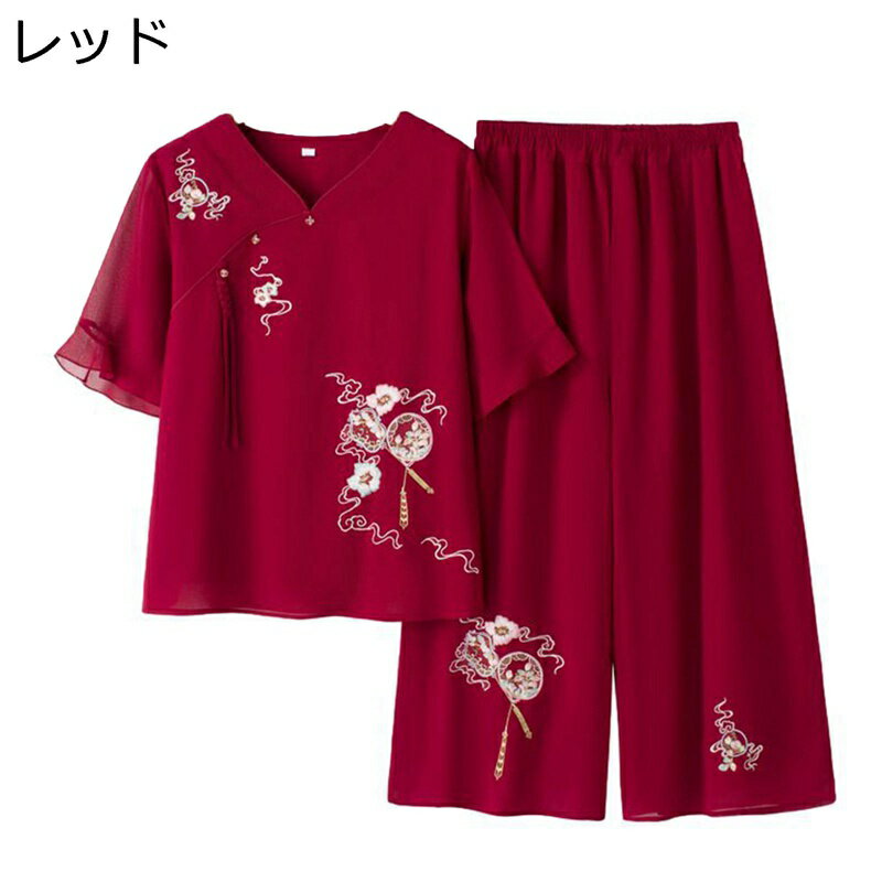 シニアファッション 半袖 tシャツ 花柄 刺繍 カットソー セットアップ Vネック 夏 高齢者用 婦人用 リゾート 老人ホームで着られる 放熱性 汗染み防止 カジュアル 上下2点セット 母の日 敬老