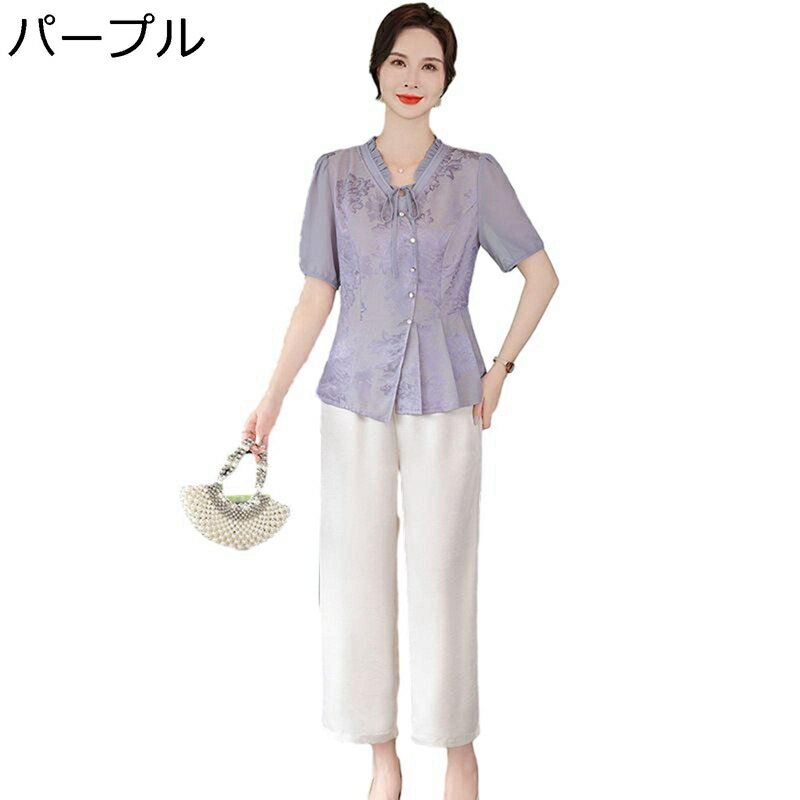 シニアファッション 半袖シャツ Vネック 花柄 レディース お婆ちゃん 婦人 上下2点セット セットアップ 春夏 ブラウス 爽やか 通気 サラサラ 蒸れにくい 祖母 お年寄り 老人 エレガント(4)