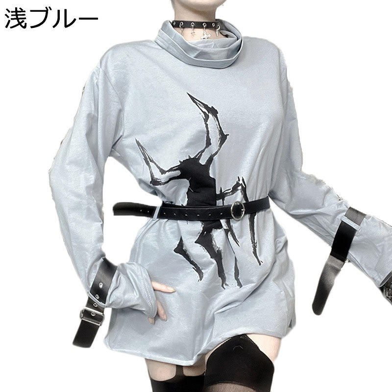 サブカル系 Tシャツ レディース 長袖 Y2K ゴシック 蜘蛛プリント ハイネック プルオーバー 病みかわ 原宿系 綿 薄手 渋谷系 ストリート系 ギャル 女の子 お宅 パーティー 文化祭 春秋