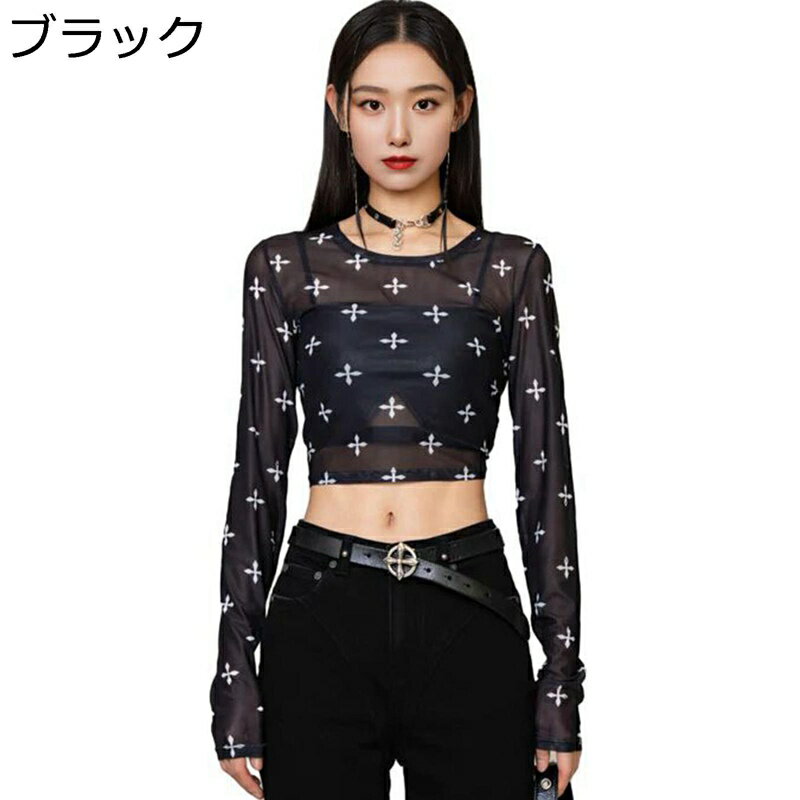 シアートレーナー tシャツ ショート丈 十字架柄 UVカット レディース 透け感 メッシュ 長袖 夏 涼しい カットソー 薄手 着痩せ 大人 Y2K 渋谷系 v...