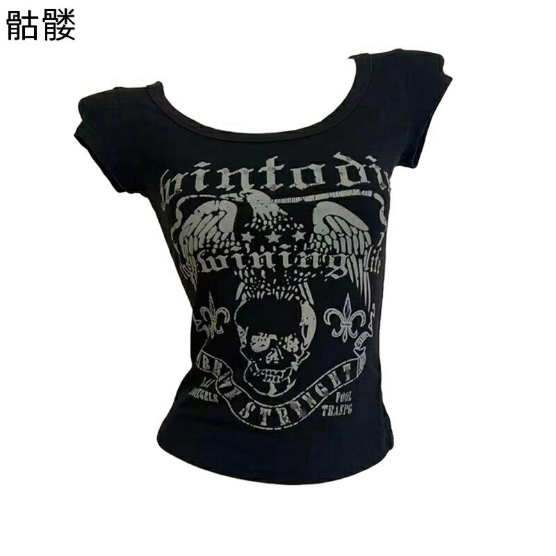Tシャツ サブカル系 半袖 レディース トップス 髑髏柄 バックチェーン 病みかわ 地雷系 スリム 原宿系 コウモリ 通気性 快適 ストリート系 森ガール ゴスロリ パンク系 韓国 普段着 お出かけ 夏のサムネイル