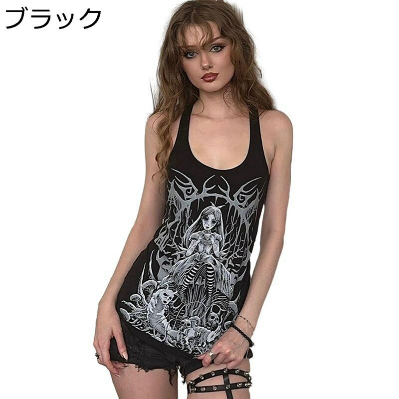 タンクトップ ゴシック レディース Y2K キャミソール 天使柄 渋谷系 ビスチェ v系 地雷系 スリム パンク系 病み可愛い サブカル ファッション アニメフェア ダンス セクシー 夏春