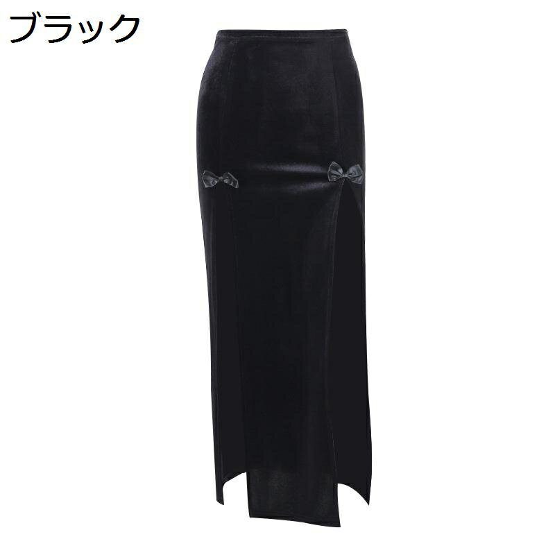 ゴスロリ スカート ロング ドレス 蝶結び ダブルスリット ベロア 中世 貴族 レディース 細身 Y2K 地雷..