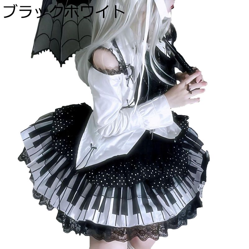 ゴシック ミニ丈 スカート ピアノ柄 黒ロリータ 地雷系 レディース ティアードスカート 可愛い ドレス フリル サブカル系 原宿系 仮装 撮影会 二次会 ステージ 演奏会 お茶会 ハロウィン 夏春