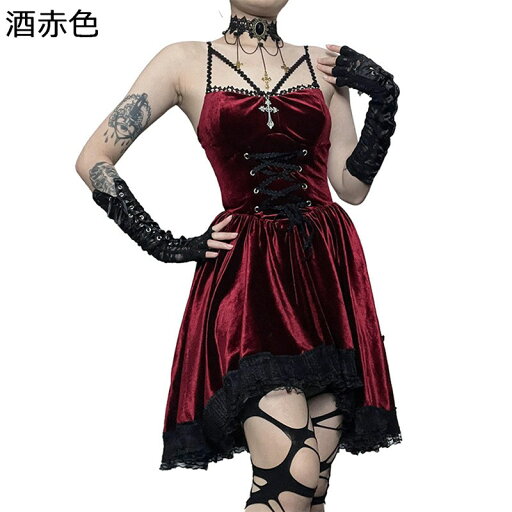 ゴスロリ ワンピース ミニ丈 スカート 甘ロリ 姫風 ホルダーネック 谷間 ベロア レディース aライン タイト 編み上げ ゴシック 原宿系 衣装 コスプレ パーティー イベント ハロウイン 夏春