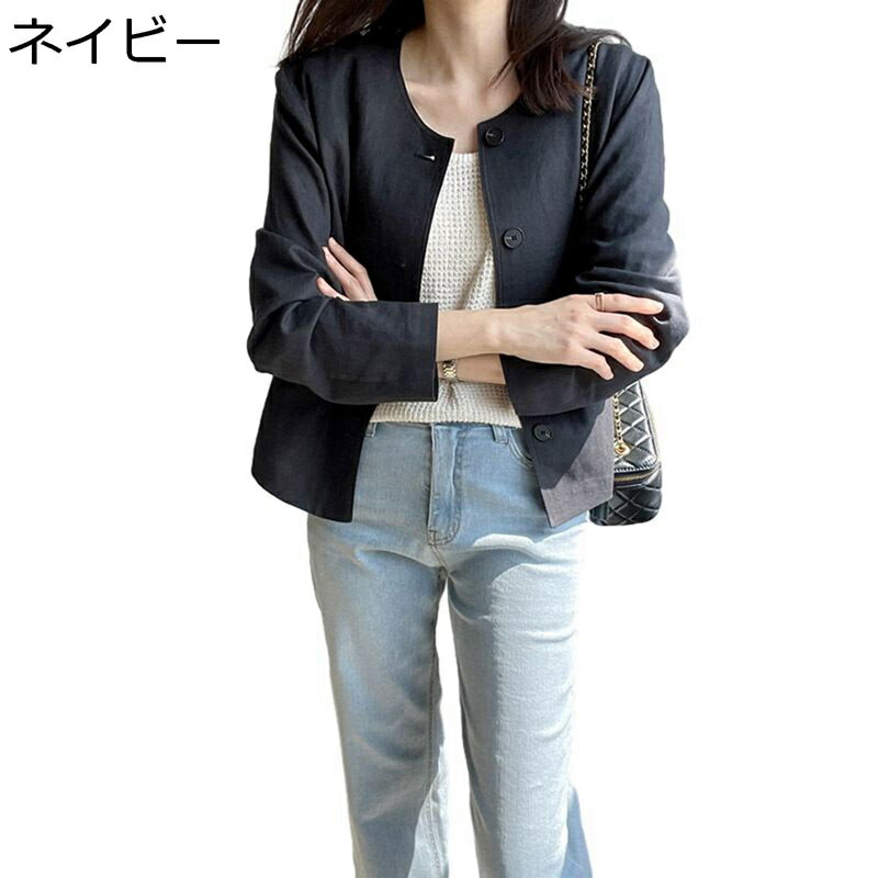 ジャケット レディース テーラードジャケット スーツ 長袖 ショート丈 薄手 冷房対応 ブレザー ボタンダウン 無地 カジュアル ファッション リネン 体型カバ...