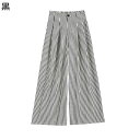 ロングパンツ ワイドパンツ ストライプ柄 レディースボトムズ ビッグシルエット ハイウエスト 脚長効果 オーバーサイズ カジュアル ゆったり シンプル 四季 着心地良い 外出 デイリー オシャレ