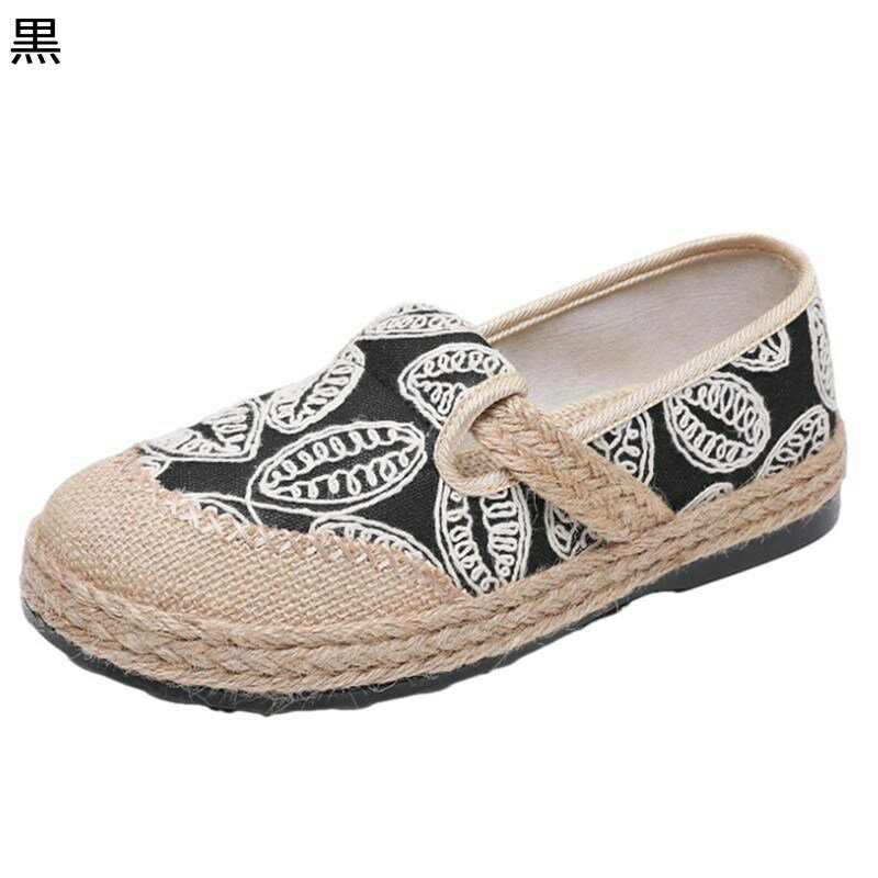 レディース エスパドリーユ 葉柄 ウォーキングシューズリネン レトロ キャンバスシューズ スリッポン ..