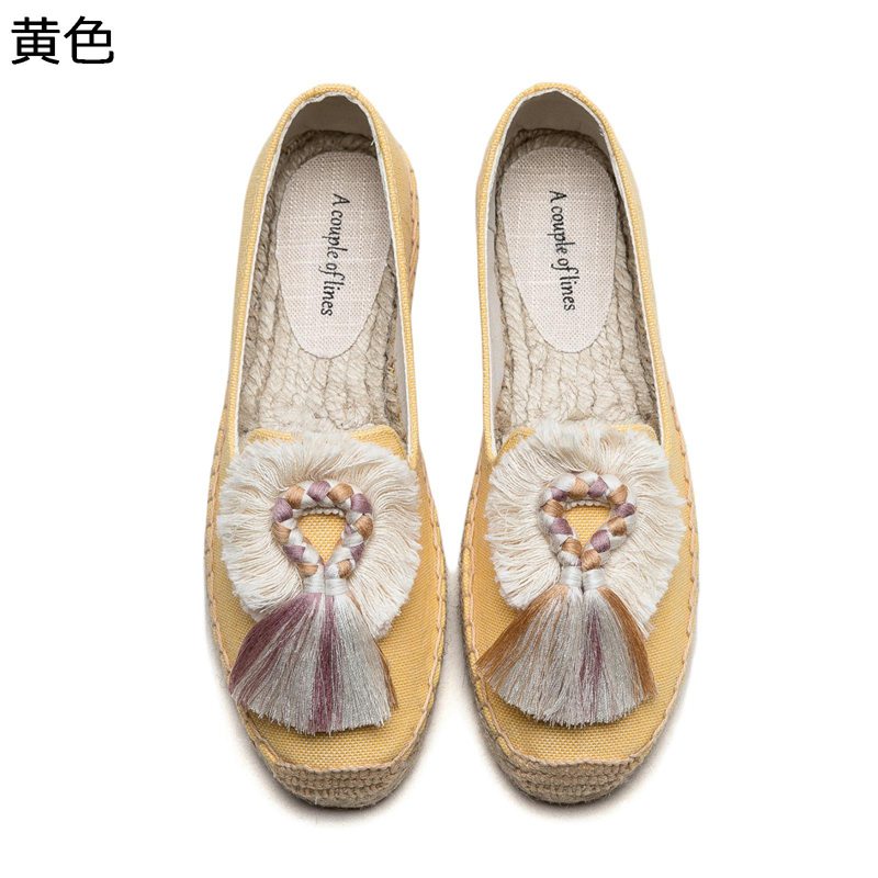レディース カジュアルシューズ タッセル ジュート春夏 モカシン 編み込み ウォーキングシューズ キャンパス 黄色 エスニック スニーカ..