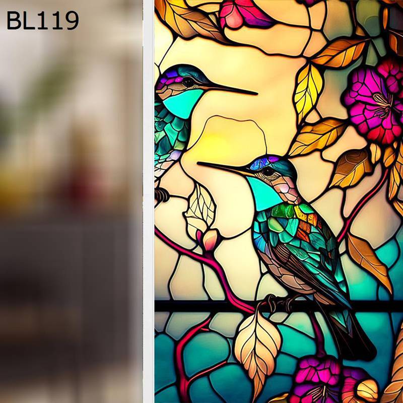 窓ガラスフィルム 窓用 カラフル 鳥柄 断熱フィルム ガラスに貼れるステッカー 植物柄 パッチワーク ガ..
