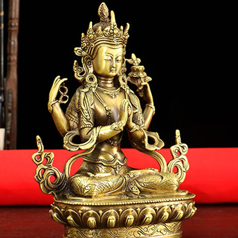 四臂観音像 チベット仏教 風水グッズ 置物 仏壇仏像 真鍮製 観音菩薩像 工芸品 仏教道教工芸品 美術品 供奉 デコレーション用 聖観音 お守り 縁起物 坐像 贈り物 お祝い 家庭用 リビングルーム