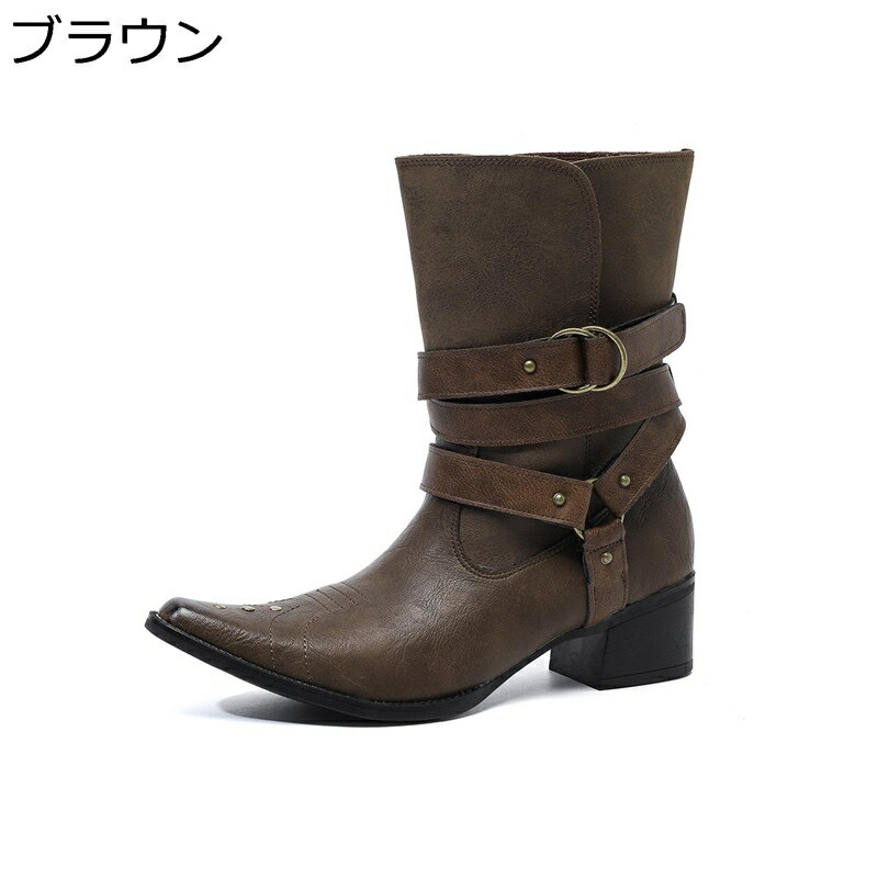 ウエスタンブーツ レディース 刺繍 ショート 太ヒール エンジニアブーツ PUレザー ヒール5cm ポインテ..