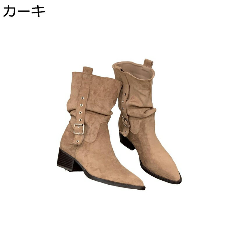 ブーティ レディース ショートブーツ 秋靴 冬靴 ジッパー ポインテッドトゥ ウエスタンブーツ ビンテージ調 カウボーイブーツ ベルト ルーズ シンプル 防水 滑りやめ 革靴 日常着用 普段履き 仕事場 ショート