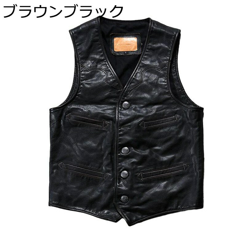 本皮 レザーベスト メンズ ノースリーブ ライダースベスト vネック 牛革 ボタン バイクチョッキ 四季通用 革ジャン 着痩せ 前開き ワーク レザージャケット お洒落 防風 カジュアル バイカー(4)